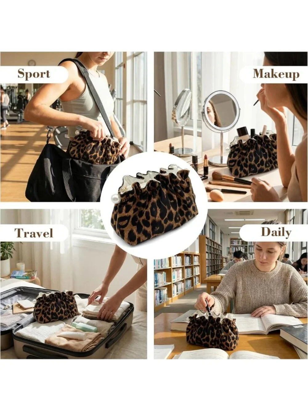 Cute Leopard Makeup Bag for Women, Travel Toiletry Organizer, Aesthetic Cosmetic